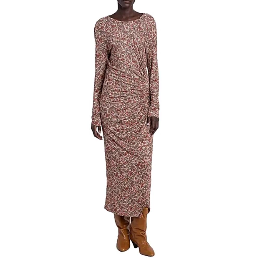 Marant Etoile Jelina Midi Dress Women's Rust Gathered Print Size 40 | US 10